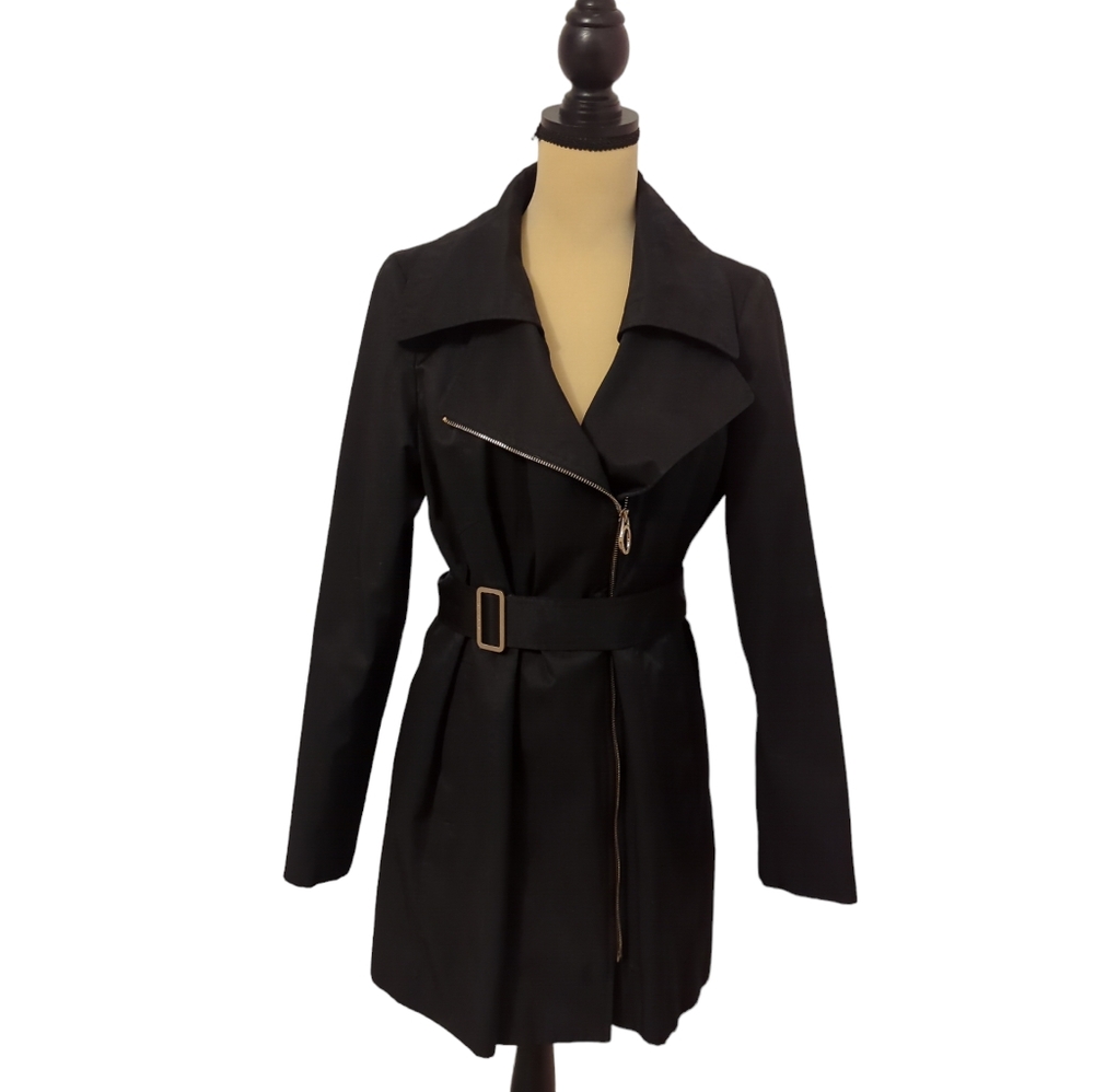 Ivanka Trump Belted Trench Coat Black Jacket Size Medium US Asymmetrical Zipper